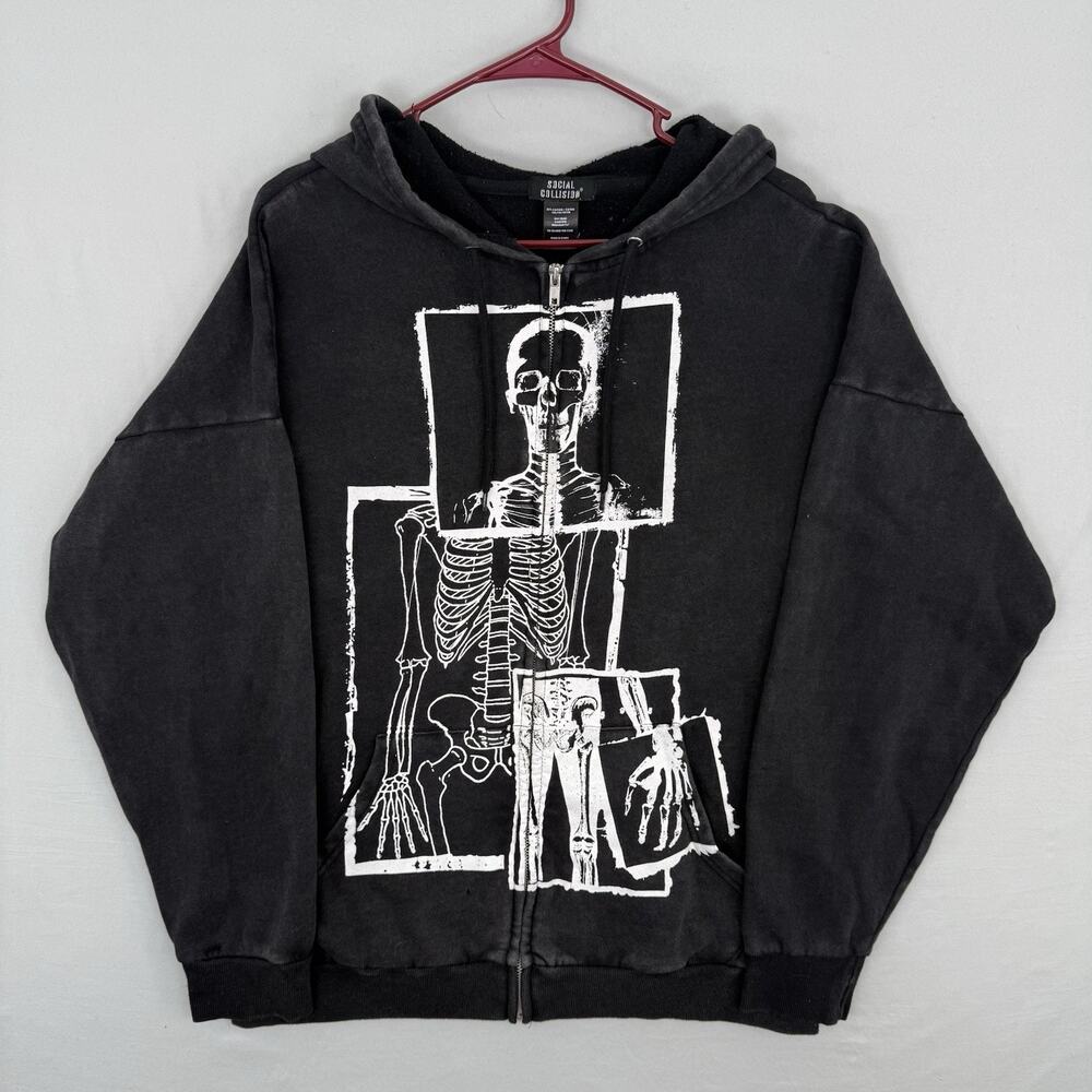 Social Collision Hoodie Sweatshirt Skeleton Sz Small Oversized Black Distressed